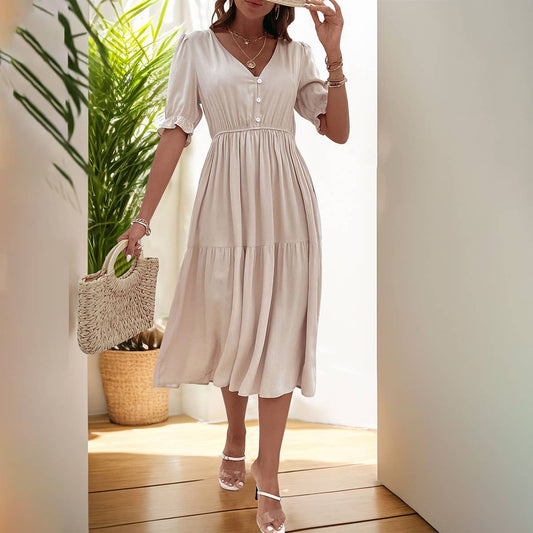 SOLID COLOR DRESS WITH WAISTED V-NECK