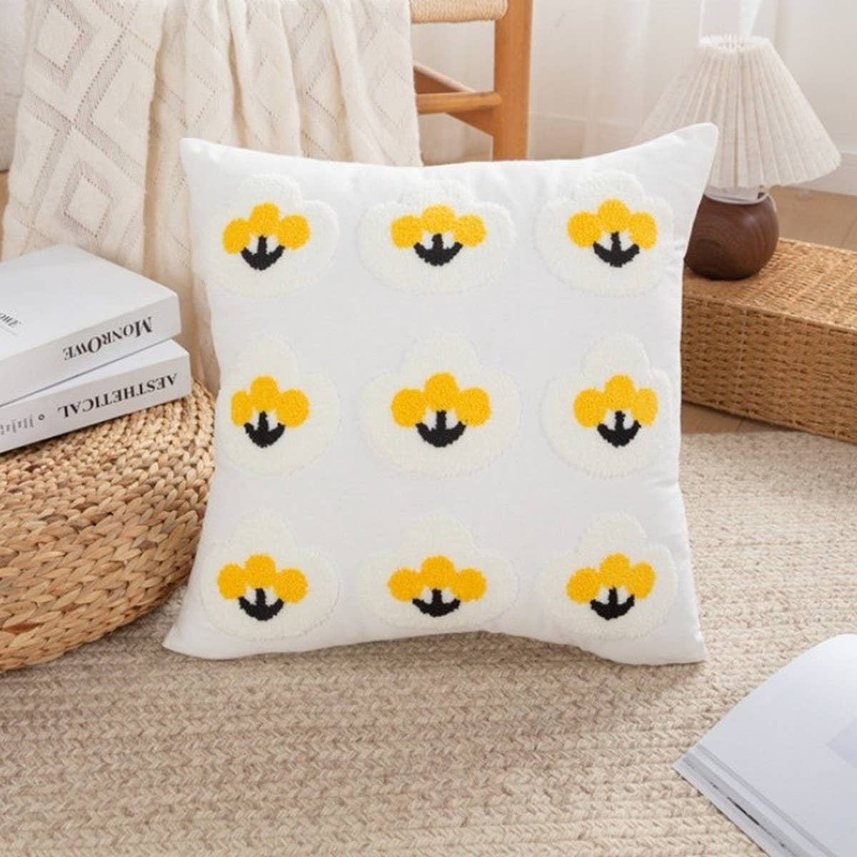 DAISY FLORAL TUFTED PILLOW COVER COTTAGE CHIC DECOR_CWMM7686