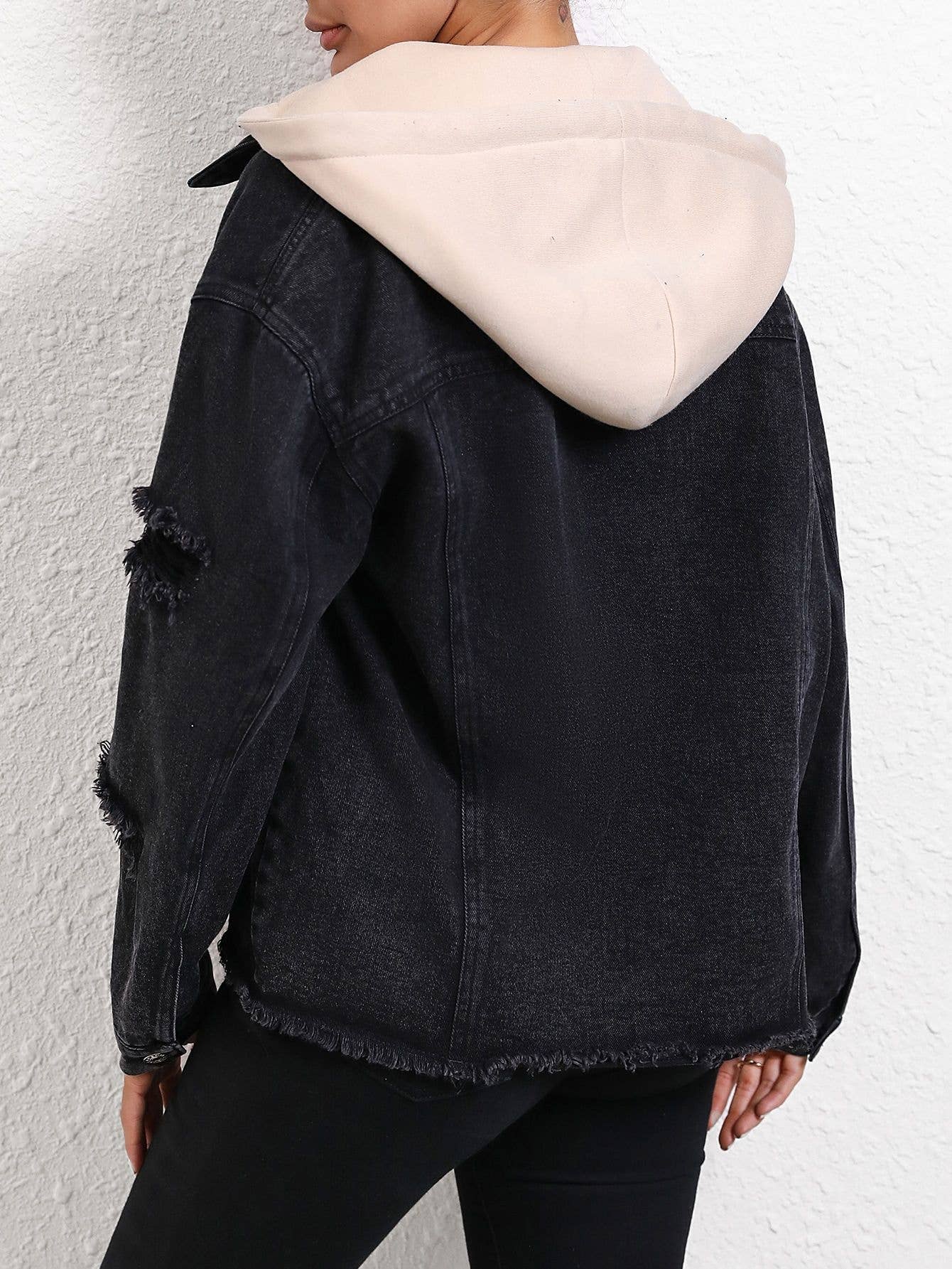 Fashionable color-blocking hooded denim jacket
