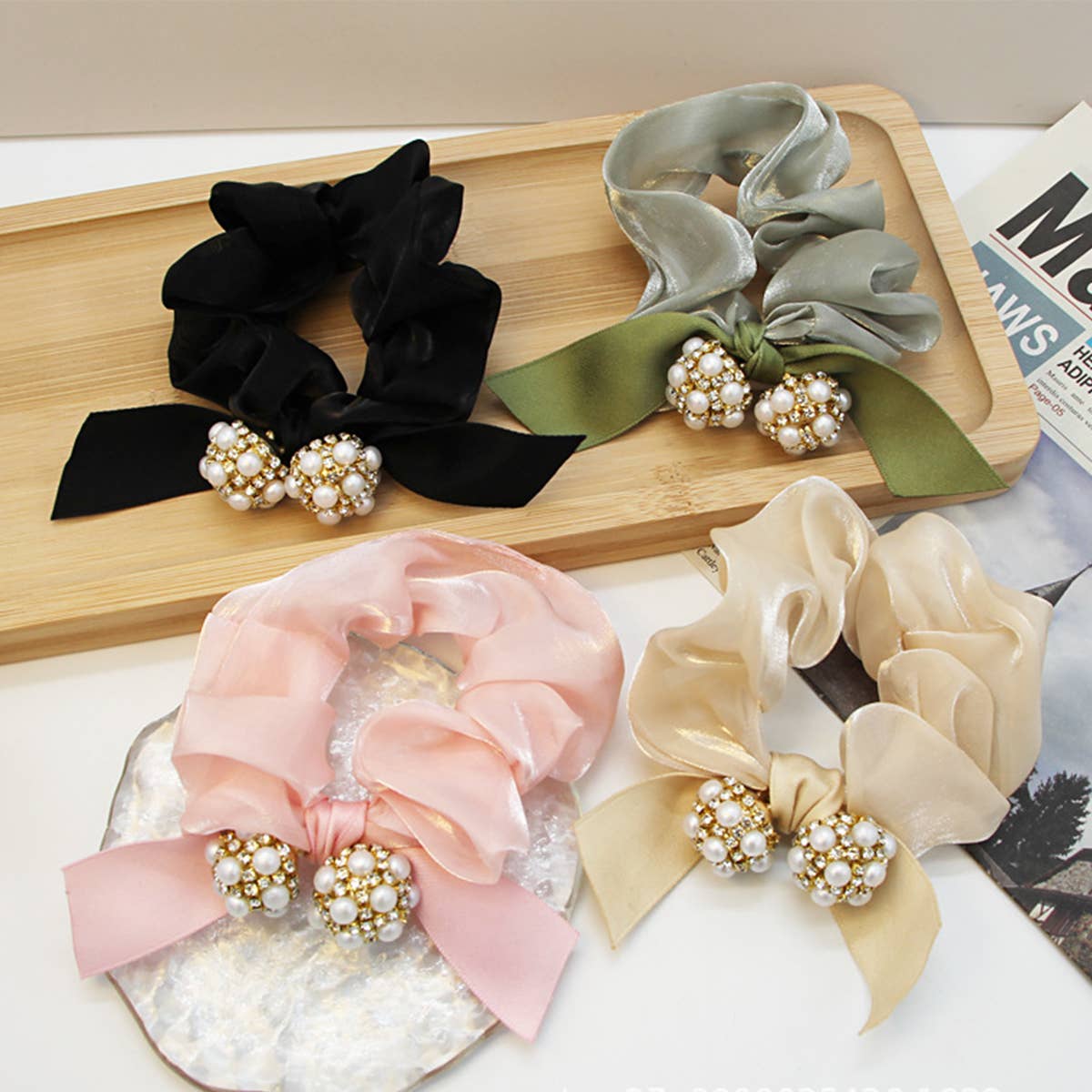 FASHION RHINESTONE PEARL BOW HAIR TIES_CWAHA0505
