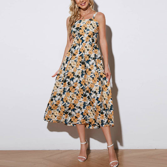 Sleeveless print French floral halter dress