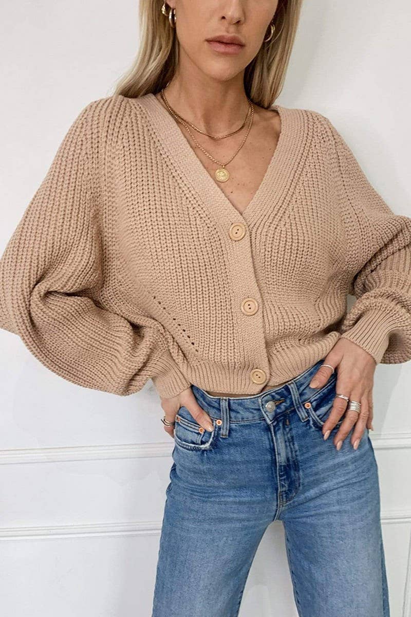 Solid color V-neck lantern sleeve button knit cardigan