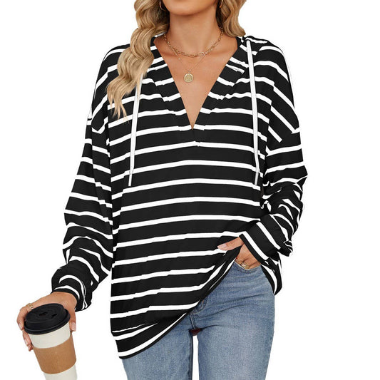 Drawstring hooded striped long-sleeved hoodie