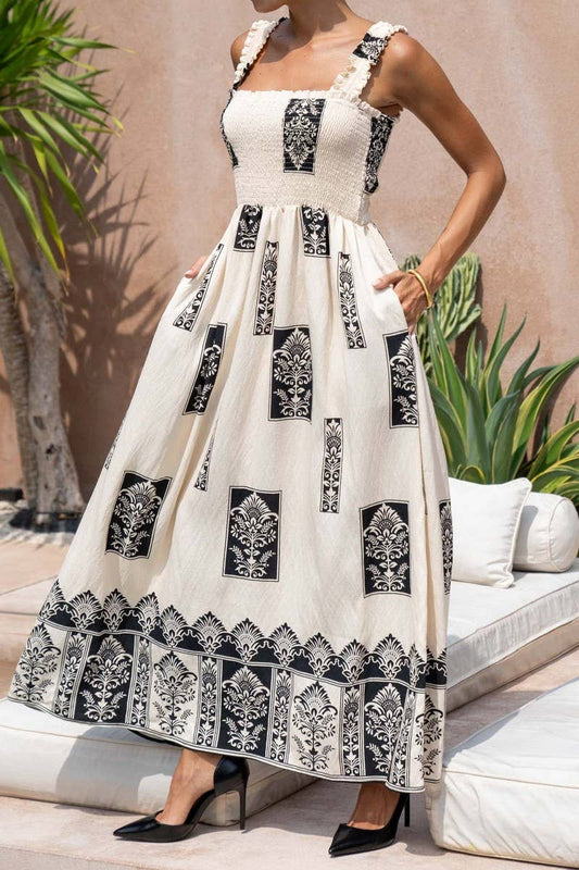 CWDHL1076_SUMMER RESORT STYLE PRINTED SUSPENDER BEACH DRESS