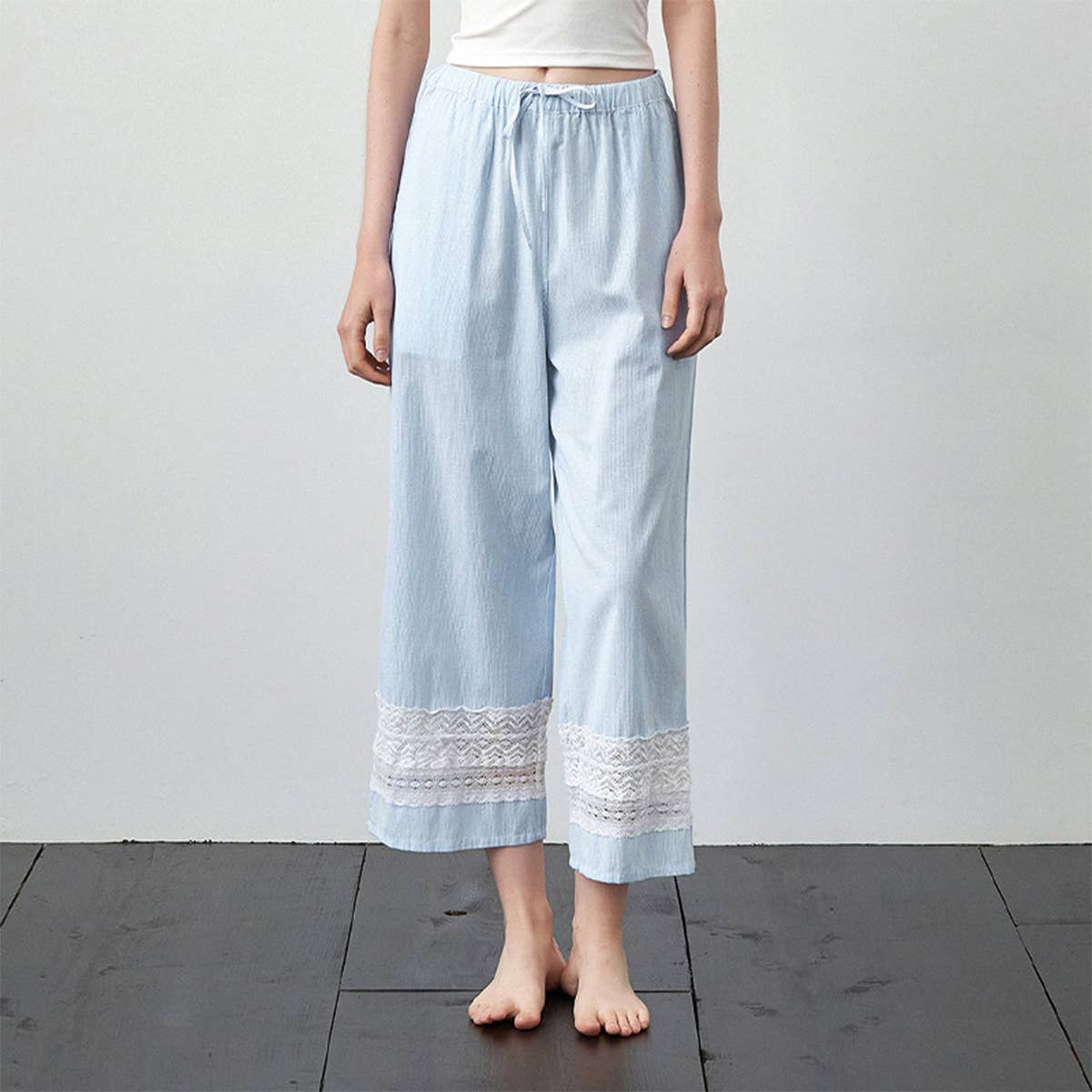 Yarn-dyed patchwork lace cotton pajama pants