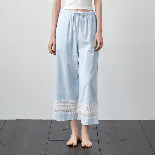 Yarn-dyed patchwork lace cotton pajama pants