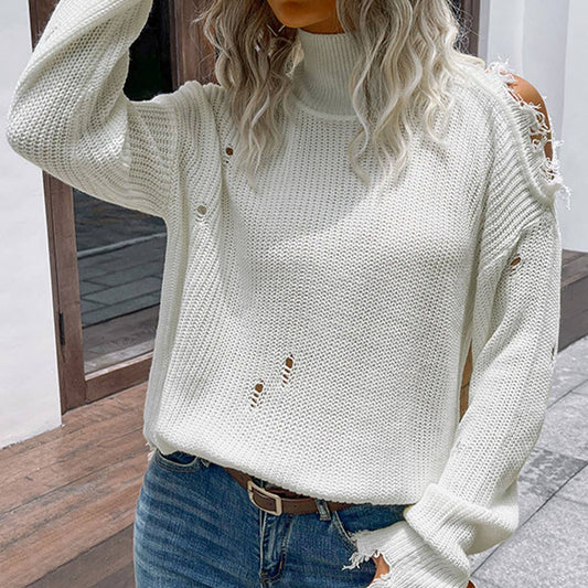 WORN HOLLOWED OUT SOLID COLOR TURTLENECK SWEATER