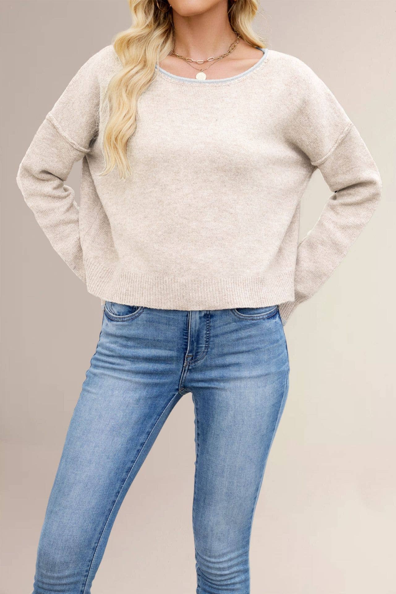 Round-neck,color-blocked loose pullover sweater