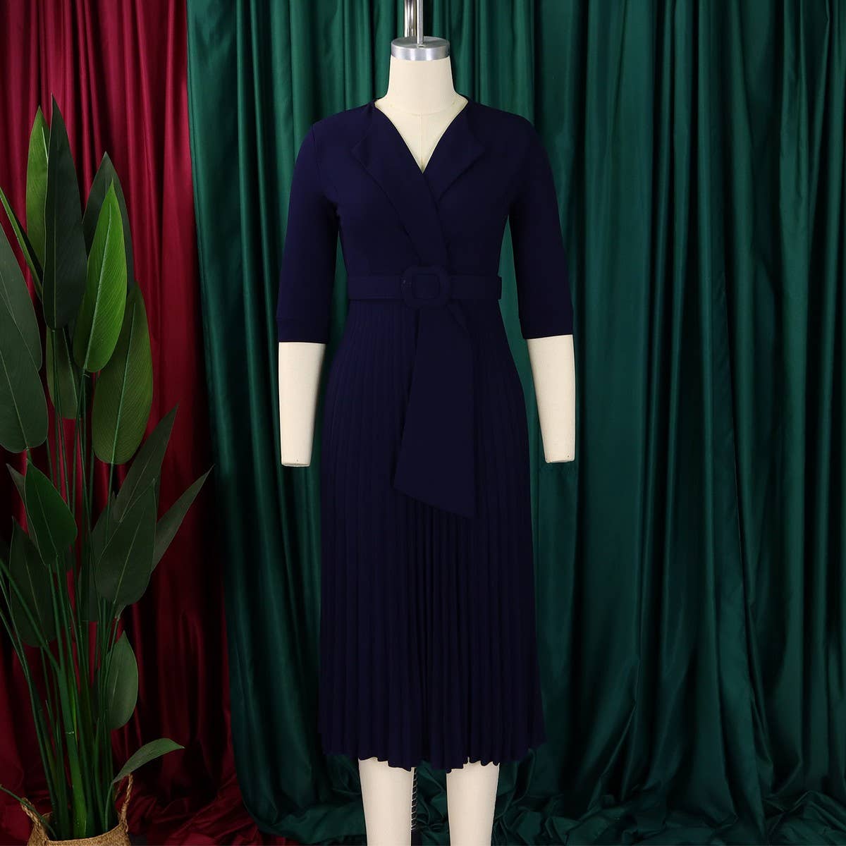 FASHION SUIT COLLAR PLEATED WAIST PLUS SIZE DRESS_CWDMD3653