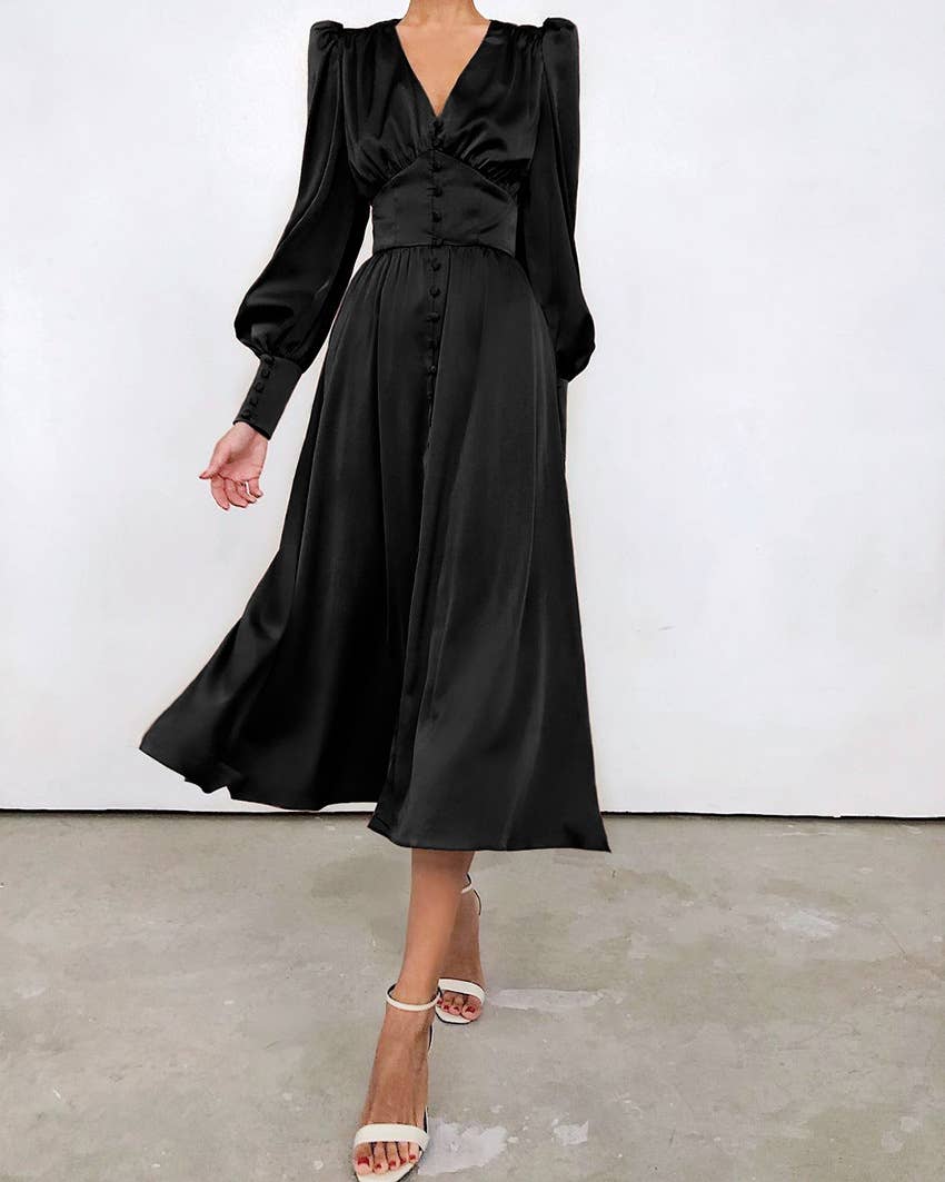 CWDMD4167_VINTAGE SATIN COURT DRESS WITH WAIST AND V-NECK