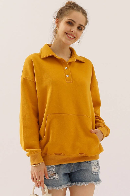 Cwttl904_Botton Collar Sweatshirt With Kangaroo Pocket