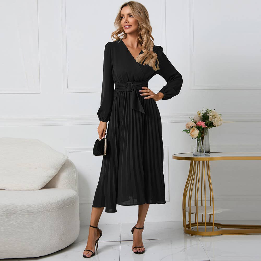 Long Sleeve Fit Pleated Waist Belt V-neck Dress