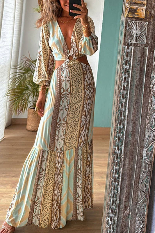 CWDMD5861_V-NECK OPEN WAIST TIE LONG SLEEVE DRESS