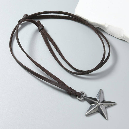 SIMPLE ADJUSTABLE PENTAGRAM LEATHER NECKLACE