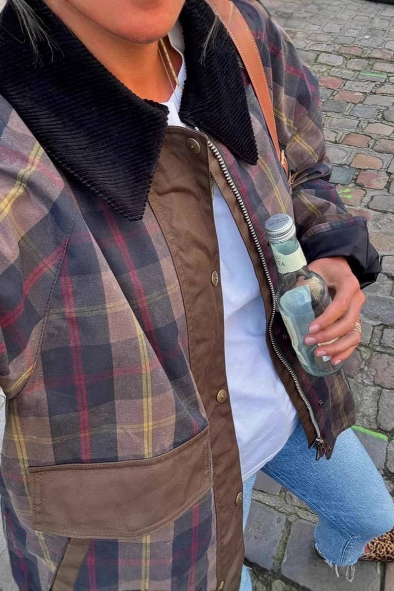 CWOCO0970_VINTAGE PLAID FUR COLLAR QUILTED ZIP-UP JACKET