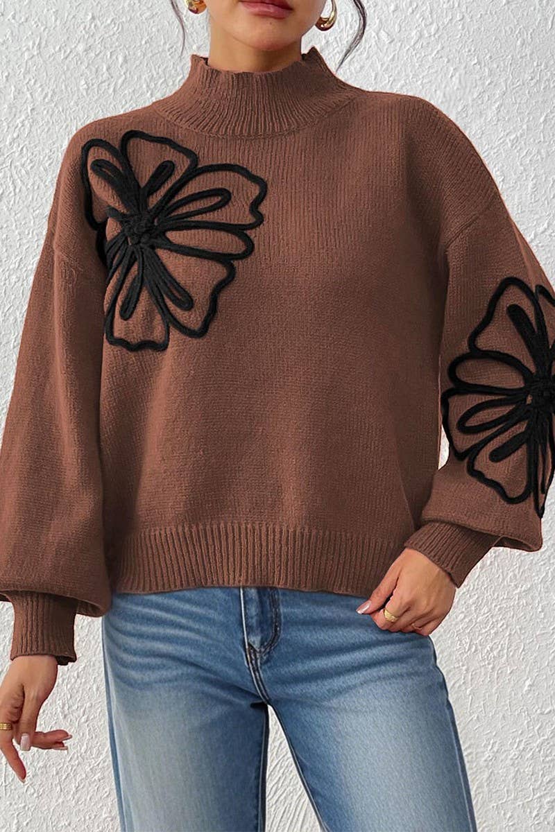 CWOSWL07331_WOMEN RIBBON EMBROIDERED LANTERN SLEEVE SWEATER