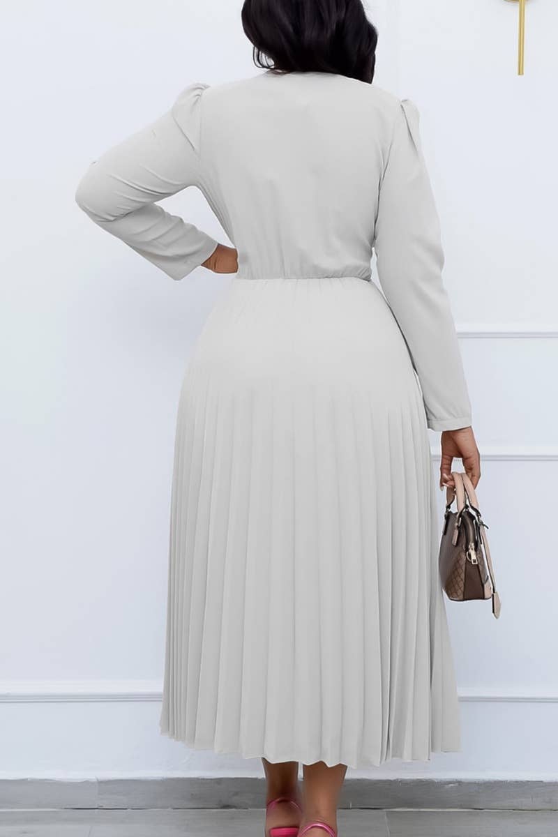 CWDMD3910_LACE-UP V-NECK LONG-SLEEVED PLEATED DRESS