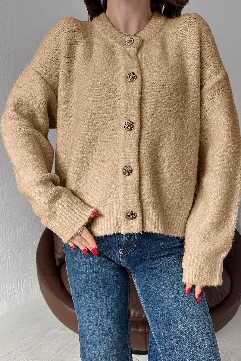 CWOCAL2356_SOLID COLOR CREWNECK BUTTON CARDIGAN