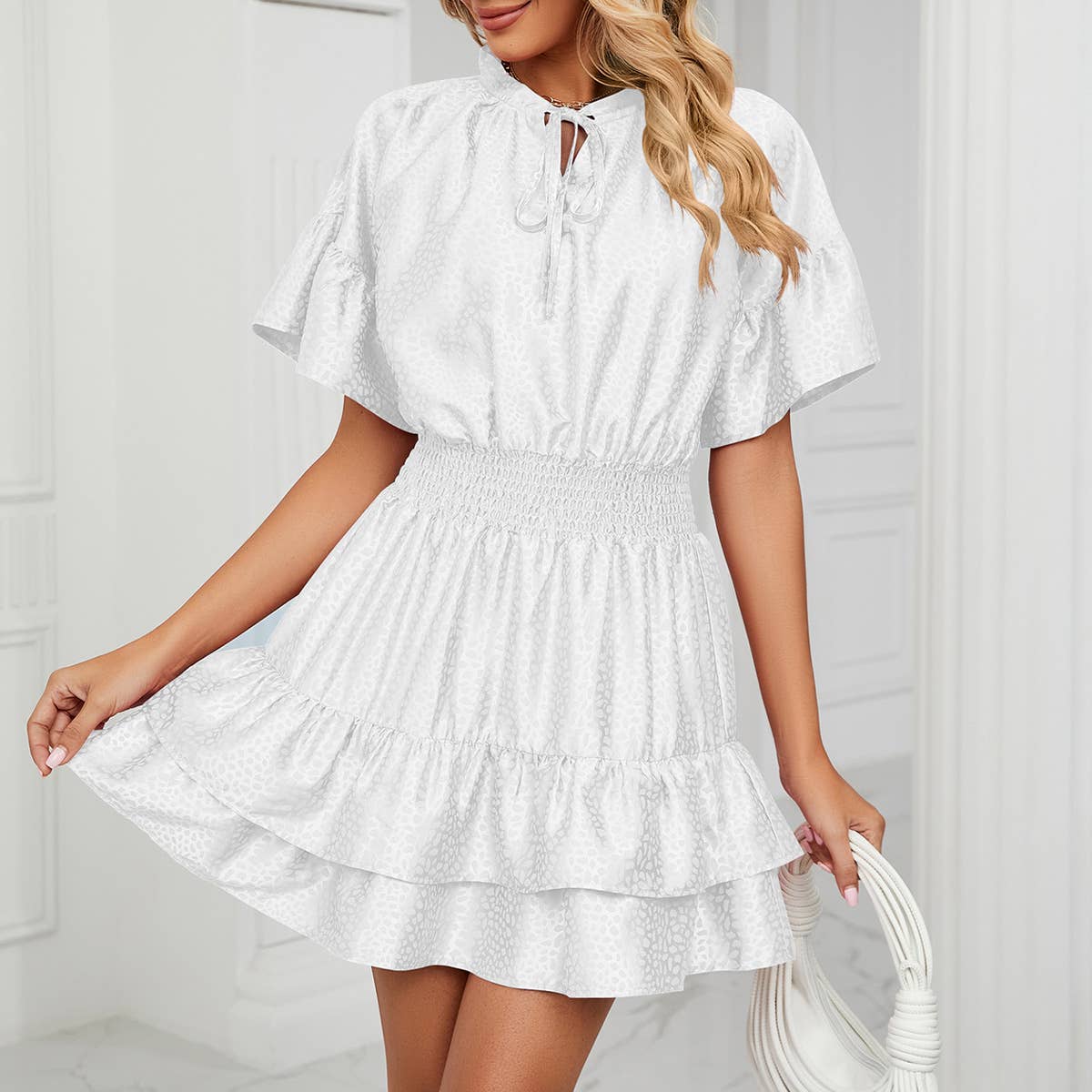 SATIN WAISTLINE V-NECK RUFFLED SKIRT DRESS