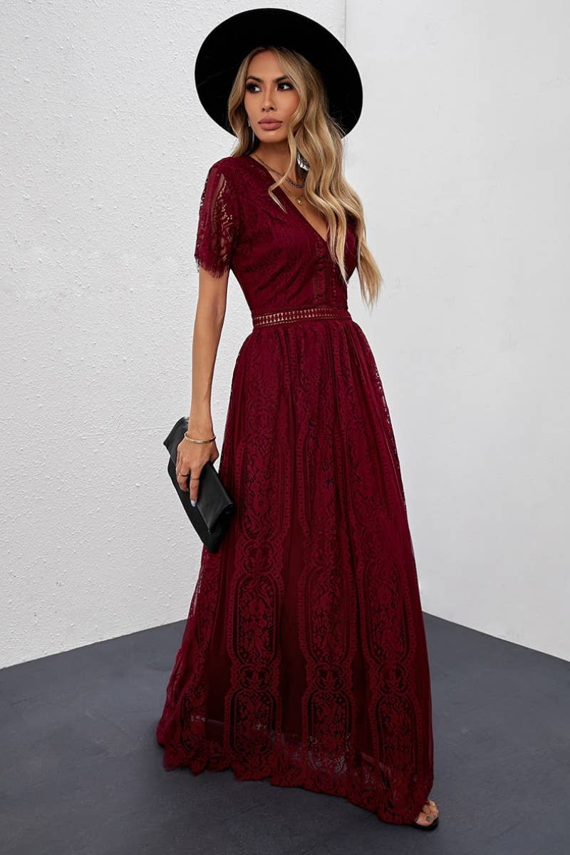CWDMD2986_V-NECK LACE SHORT-SLEEVED DRESS LONG