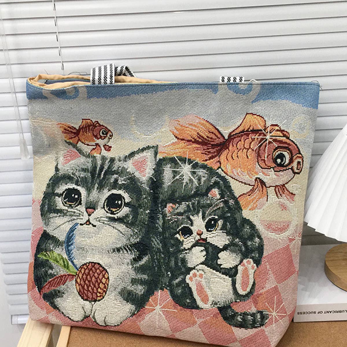 CUTE CAT EMBROIDERED CANVAS SHOULDER BAG TOTE BAG_CWAB1676