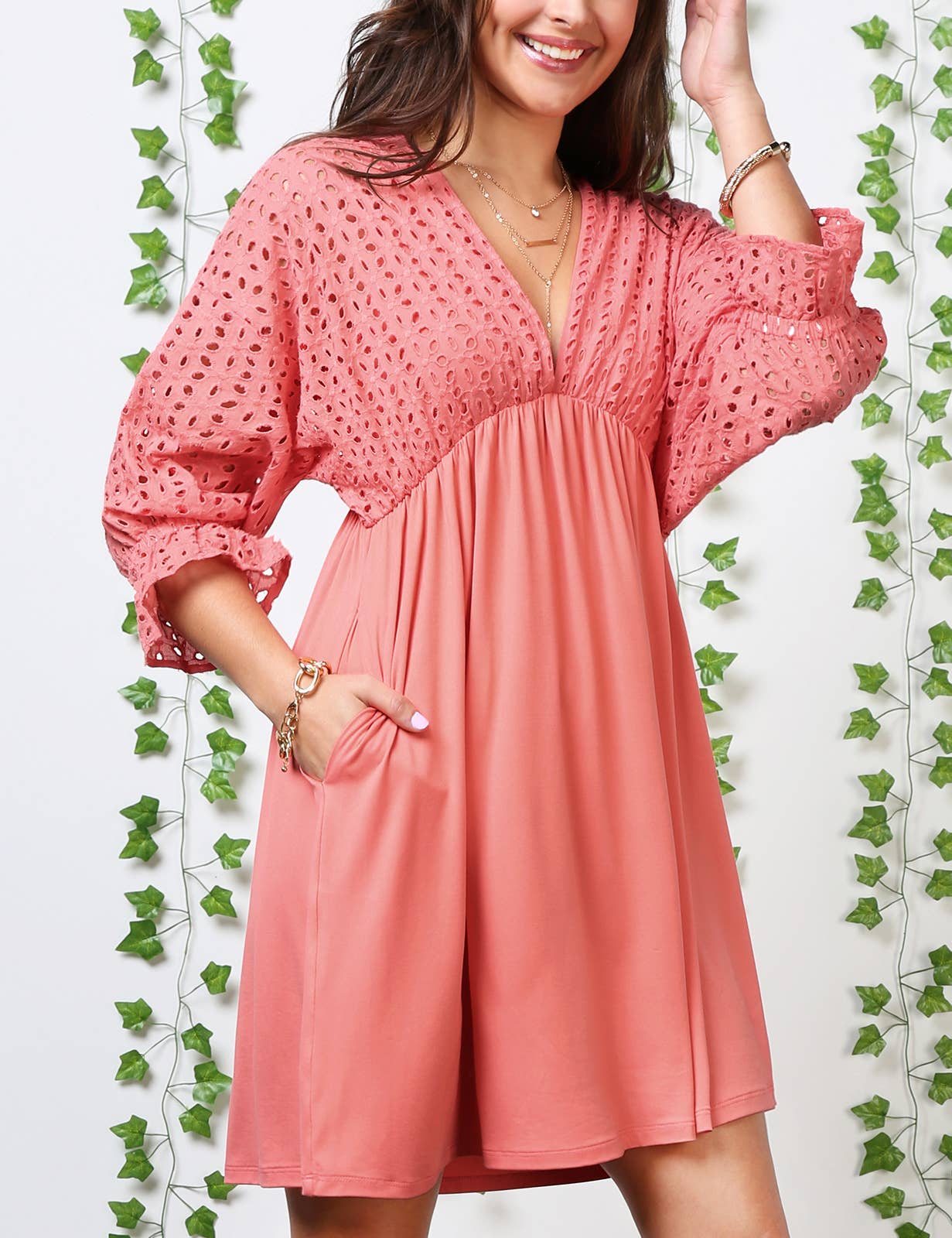 CWDSD10370_COTTON EYELET CONT BODICE WITH 3/4 SLEEVE DRESS