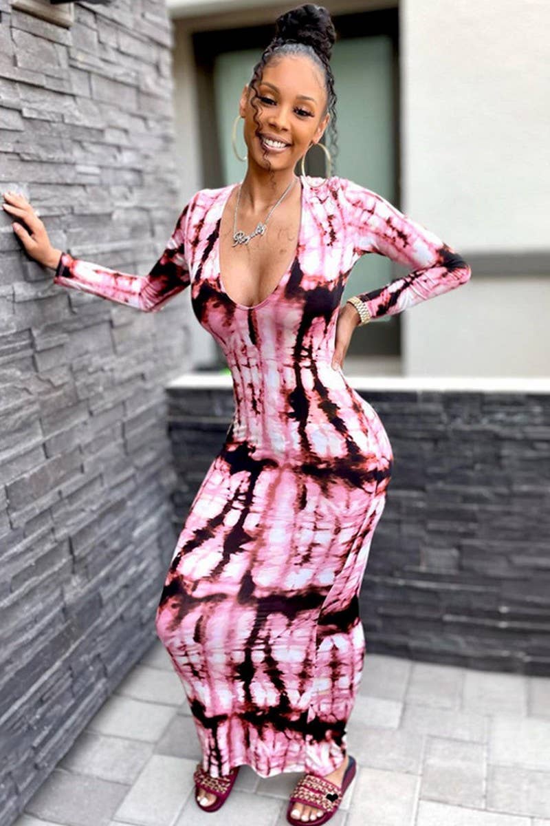 CWDMD4862_V-NECK PRINTED LONG-SLEEVED BODYCON DRESS