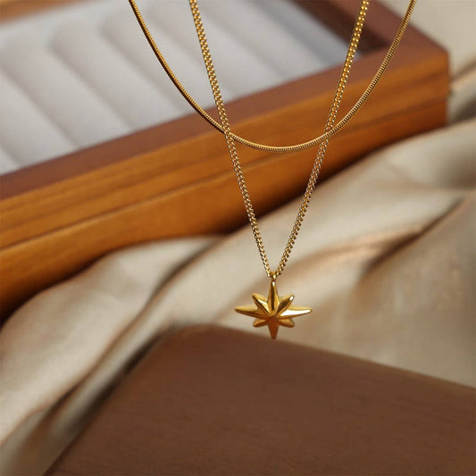 EIGHT POINTED STAR PENDANT DOUBLE LAYERED NECKLACE