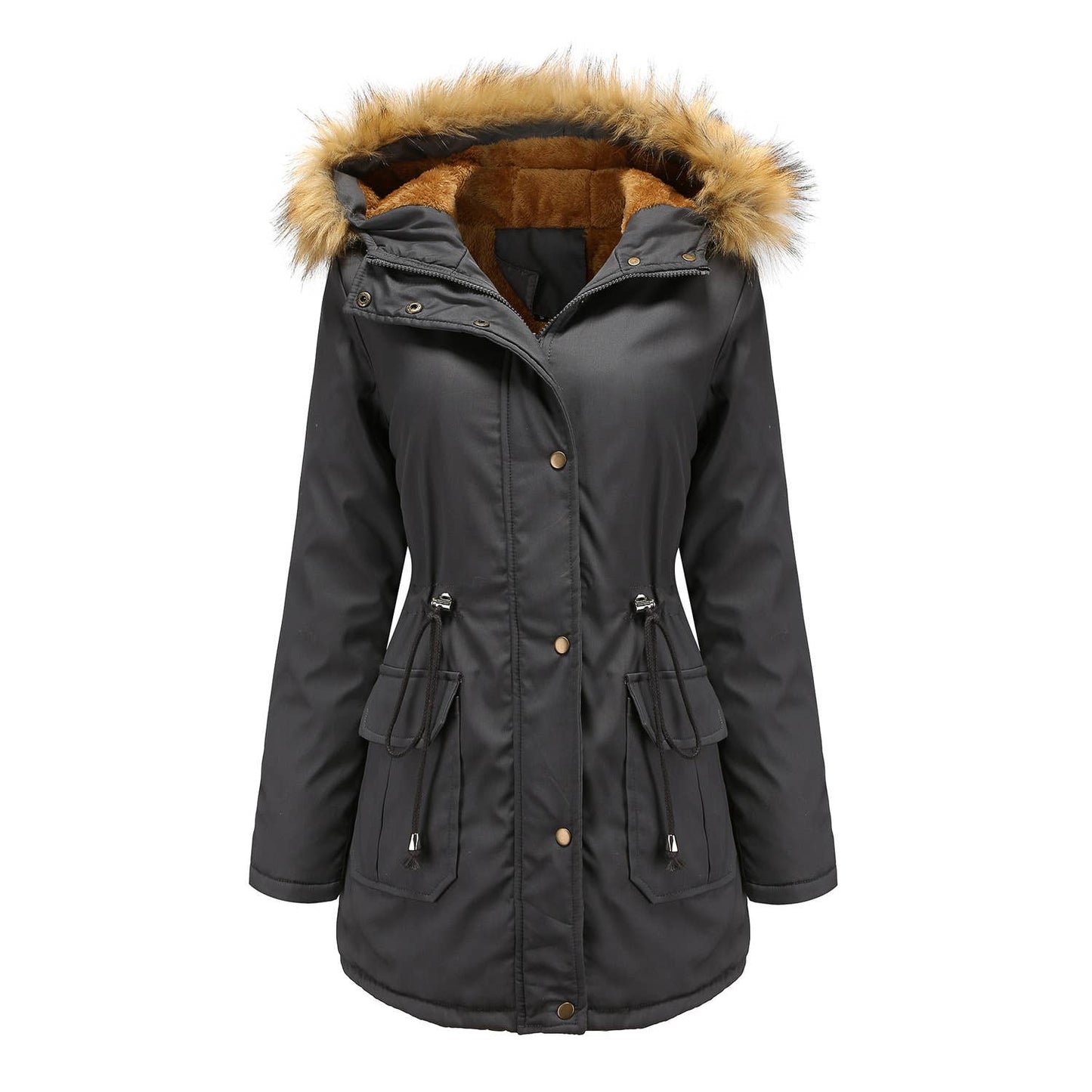 HOODED FUR COLLAR AND FLEECE PADDED JACKET