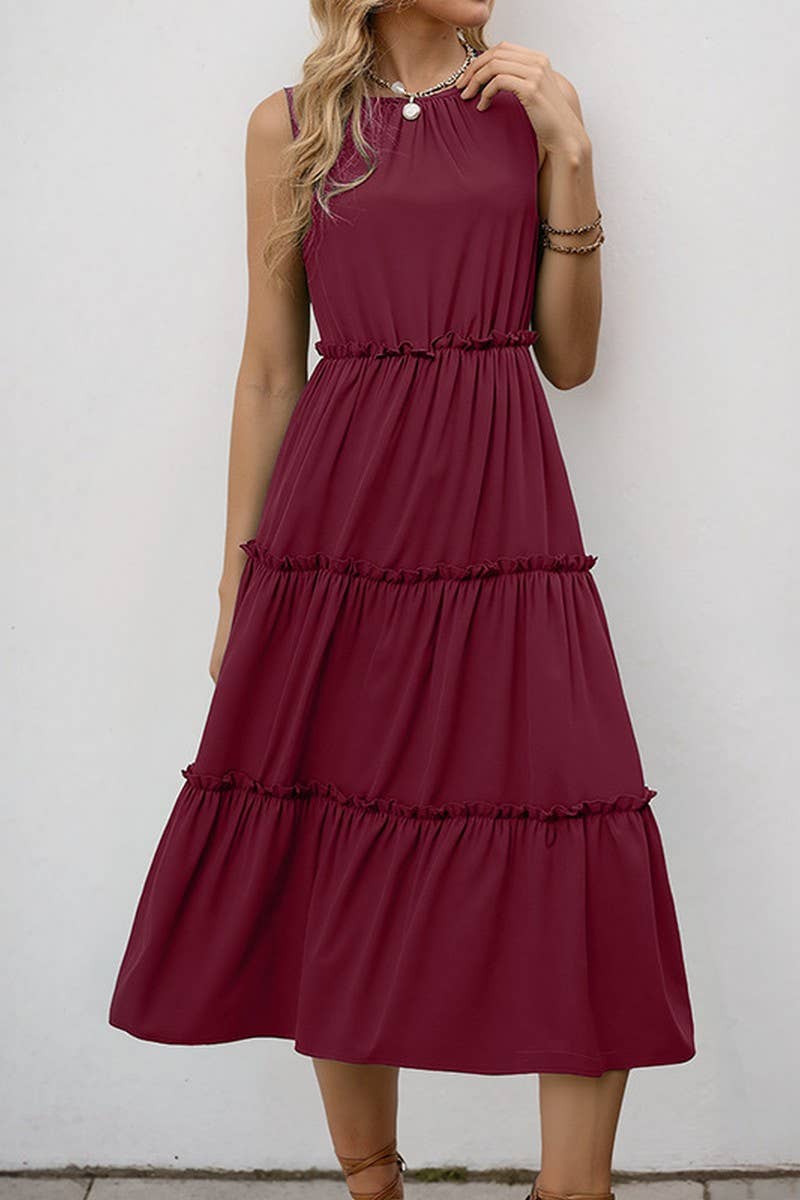 CWDMD5773_SOLID RUFFLED SLEEVELESS PLEATED MIDI DRESS