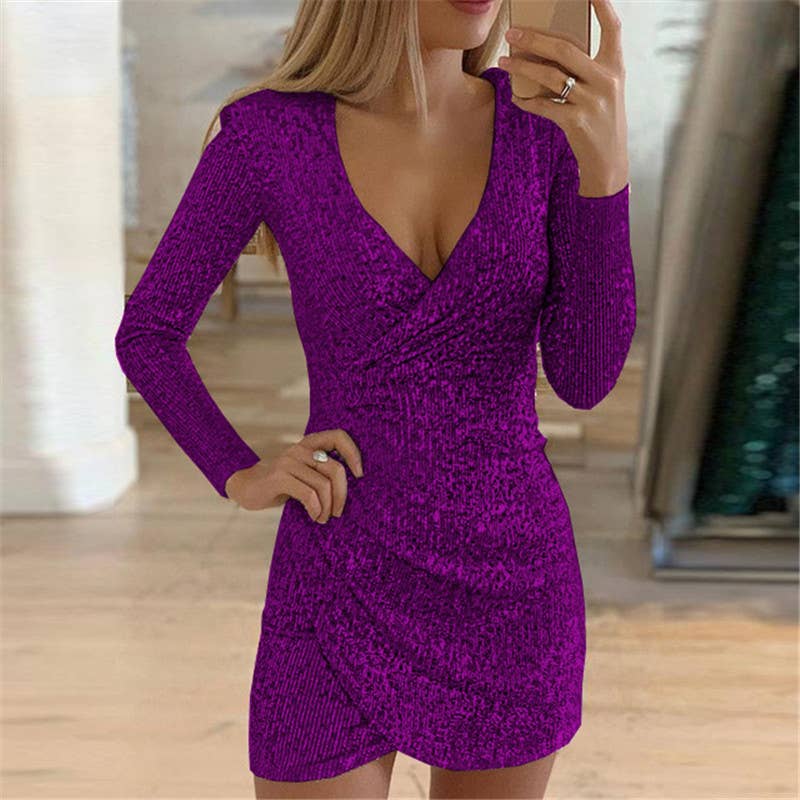Sexy V-neck,hip-hugging,irregular sequined dress