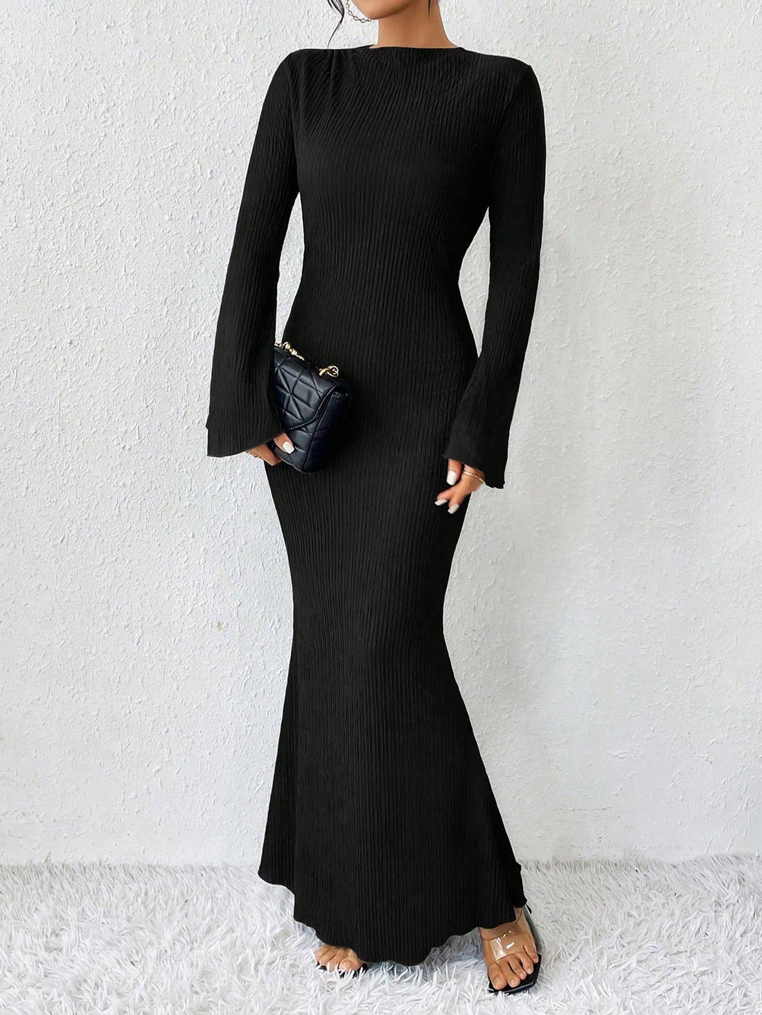 TRUMPET SLEEVE LONG FISHTAIL FLOOR-LENGTH DRESS