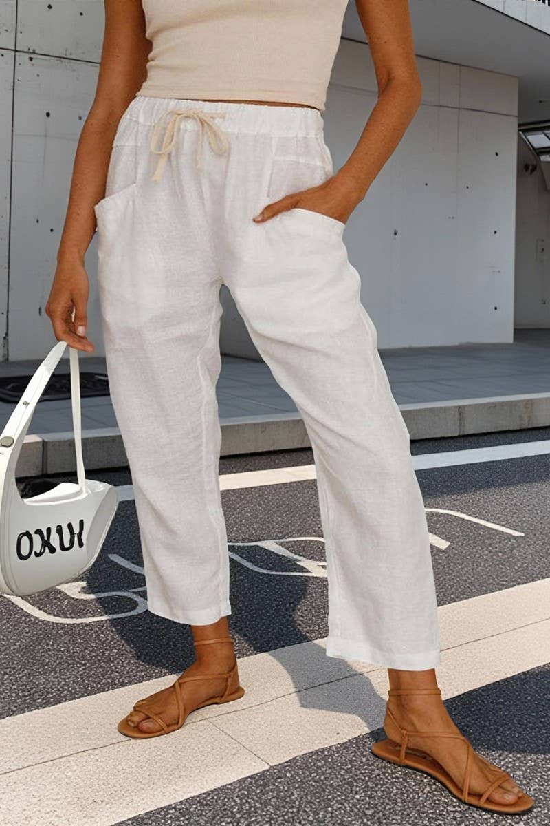 CWBLP01033_LOOSE DRAWSTRING LINEN STRAIGHT CROPPED PANTS