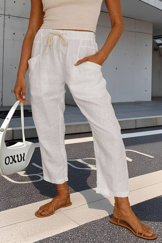 CWBLP01033_LOOSE DRAWSTRING LINEN STRAIGHT CROPPED PANTS