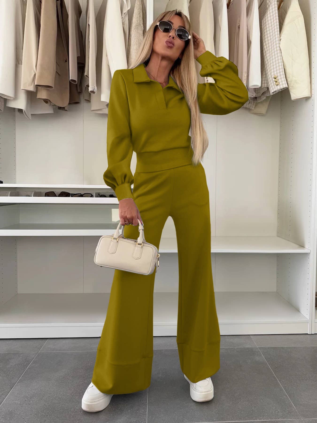 Lapel long-sleeved top elastic wide-leg pants set