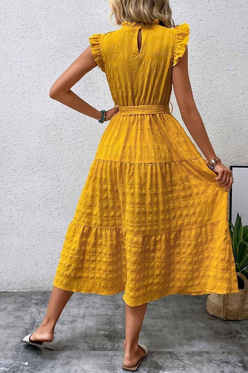 CWDMD4952_SUMMER RUFFLED FLYING SLEEVES TEXTURED DRESS
