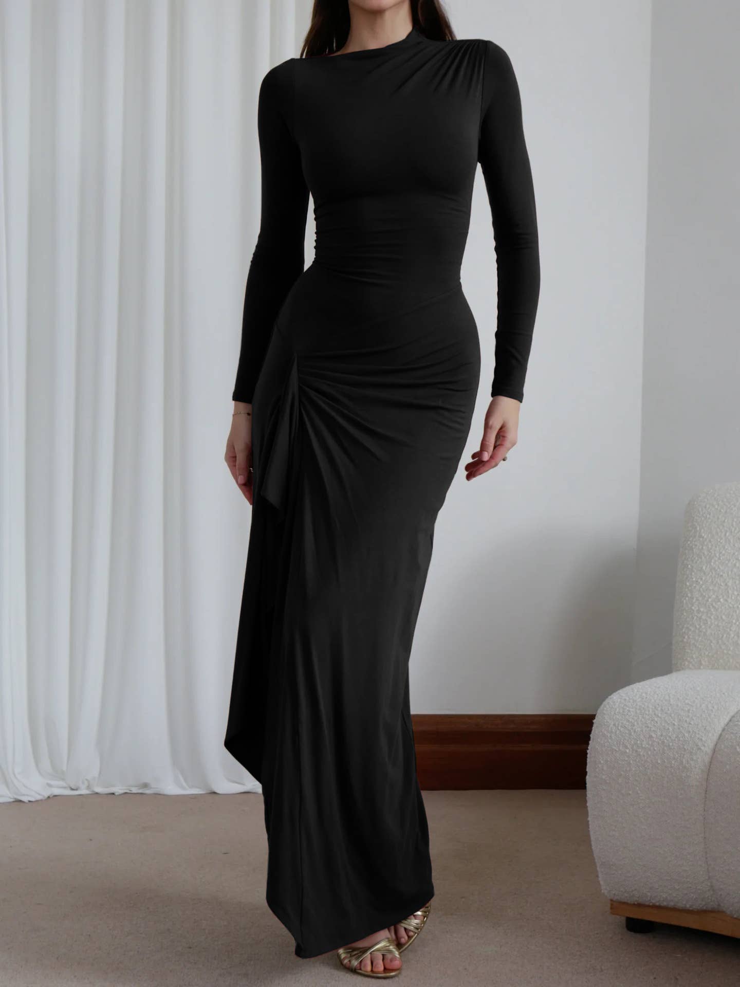 LONG SLEEVE SOLID COLOR IRREGULAR SHEATH DRESS