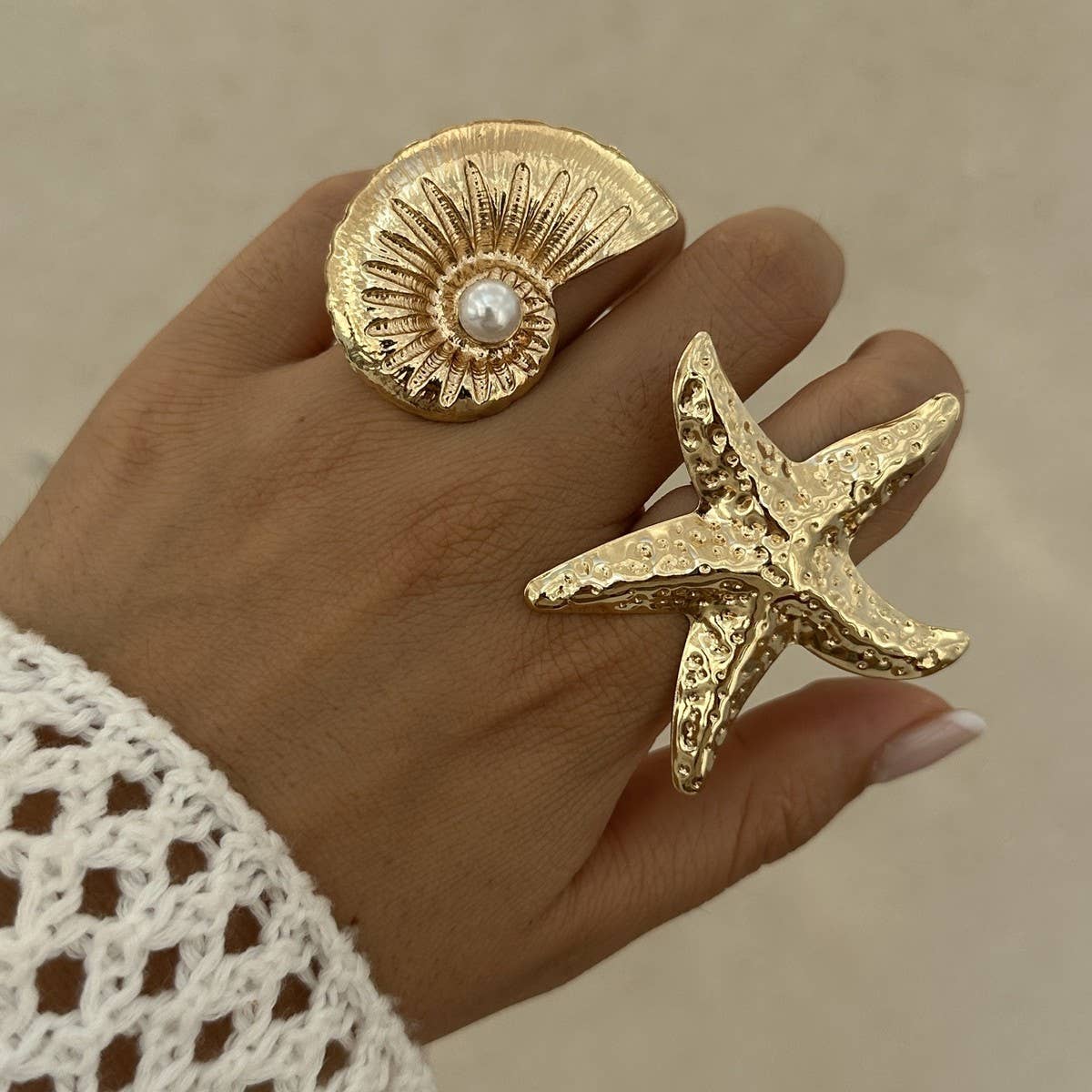 NEW BEACH IMITATION PEARL ADJUSTABLE ALLOY RING