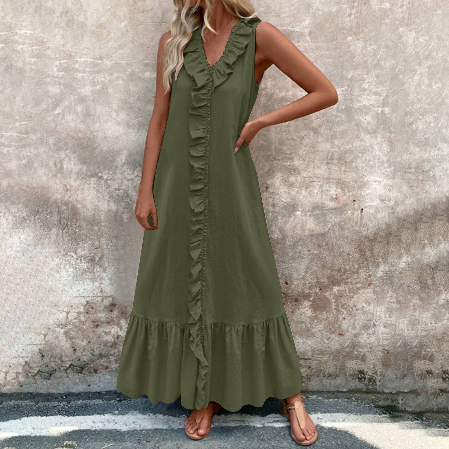 Solid-colored cotton V-neck loose wide-hem dress
