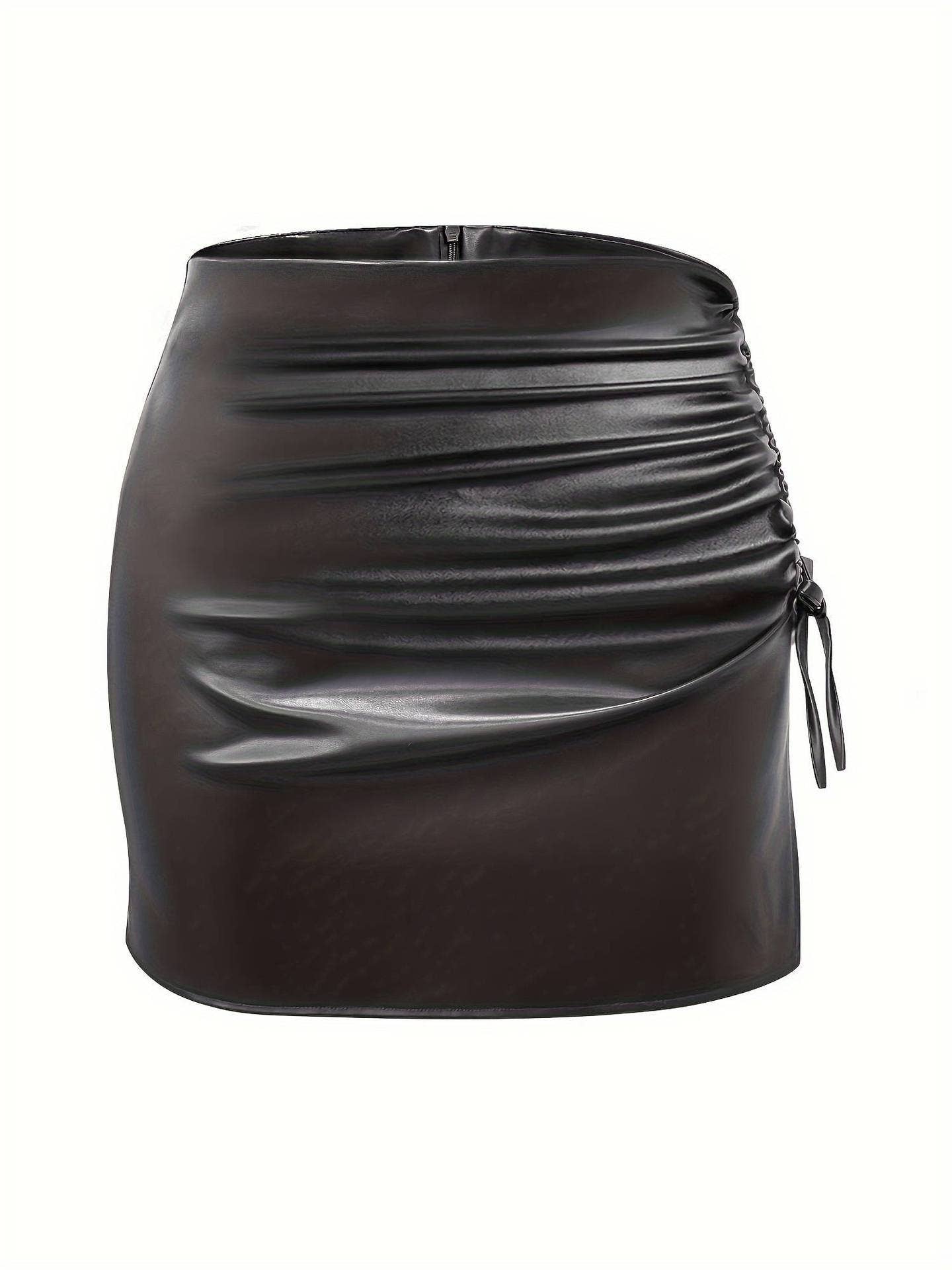 Drawstring strap split pack hip PU leather skirt