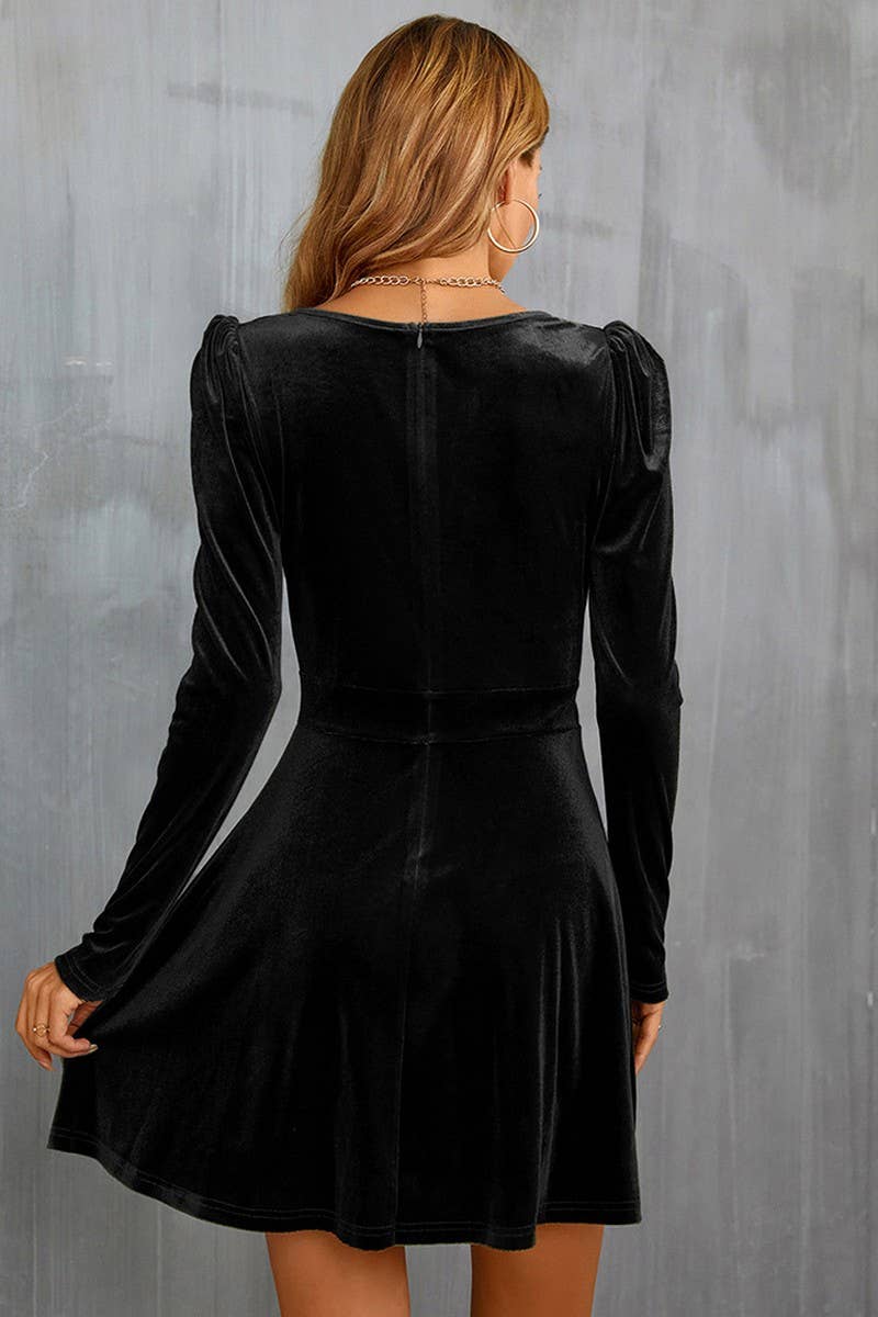 CWDSD6466_V-NECK LEG-OF-MUTTON SLEEVE A-LINE VELVET DRESS