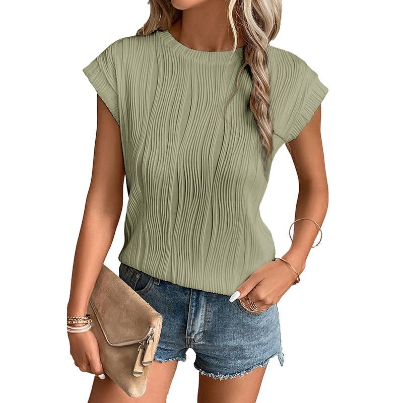 SOLID TEXTURED SHORT SLEEVE PULLOVER TOP