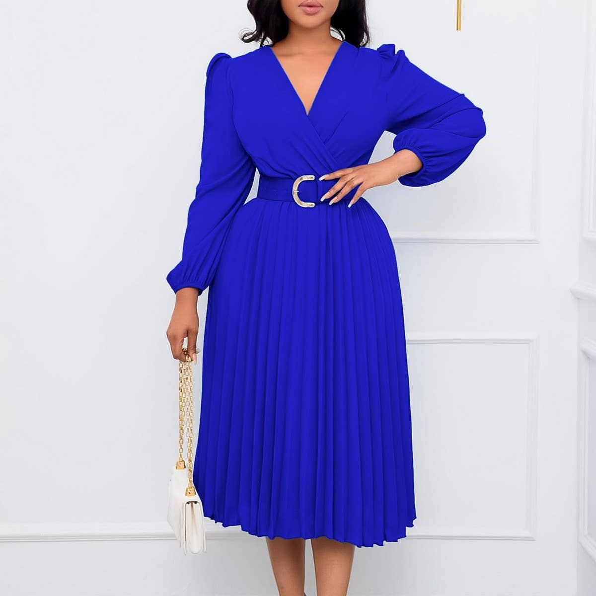 FASHION LONG SLEEVE V-NECK PLEATED MIDI DRESS_CWDMD3669