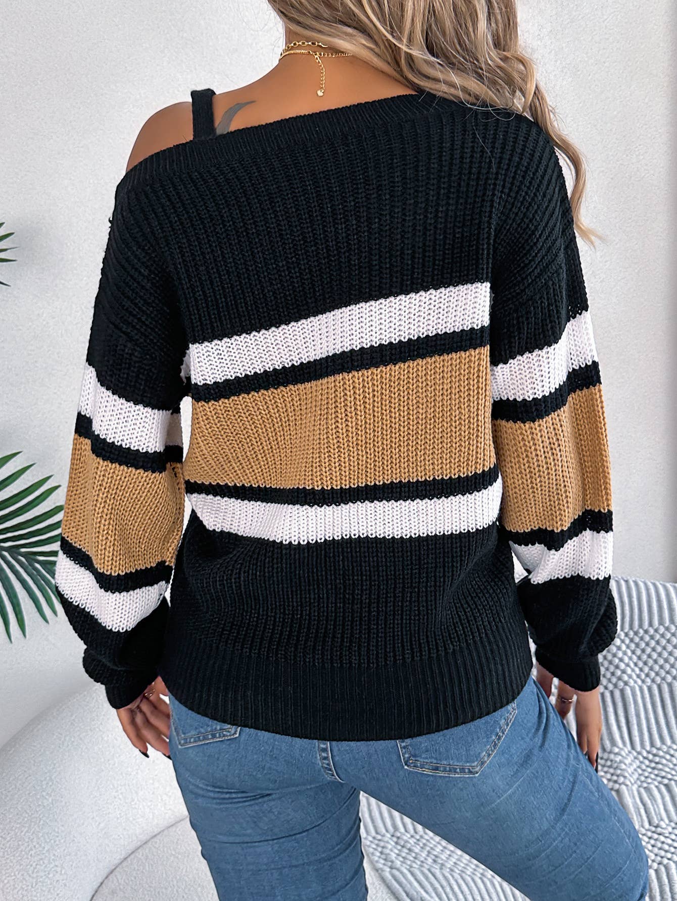 STRIPED OFF-THE-SHOULDER PULLOVER SWEATER
