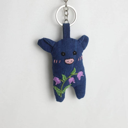 Hand-Embroidered Blue Dye Pig Plush Keychain