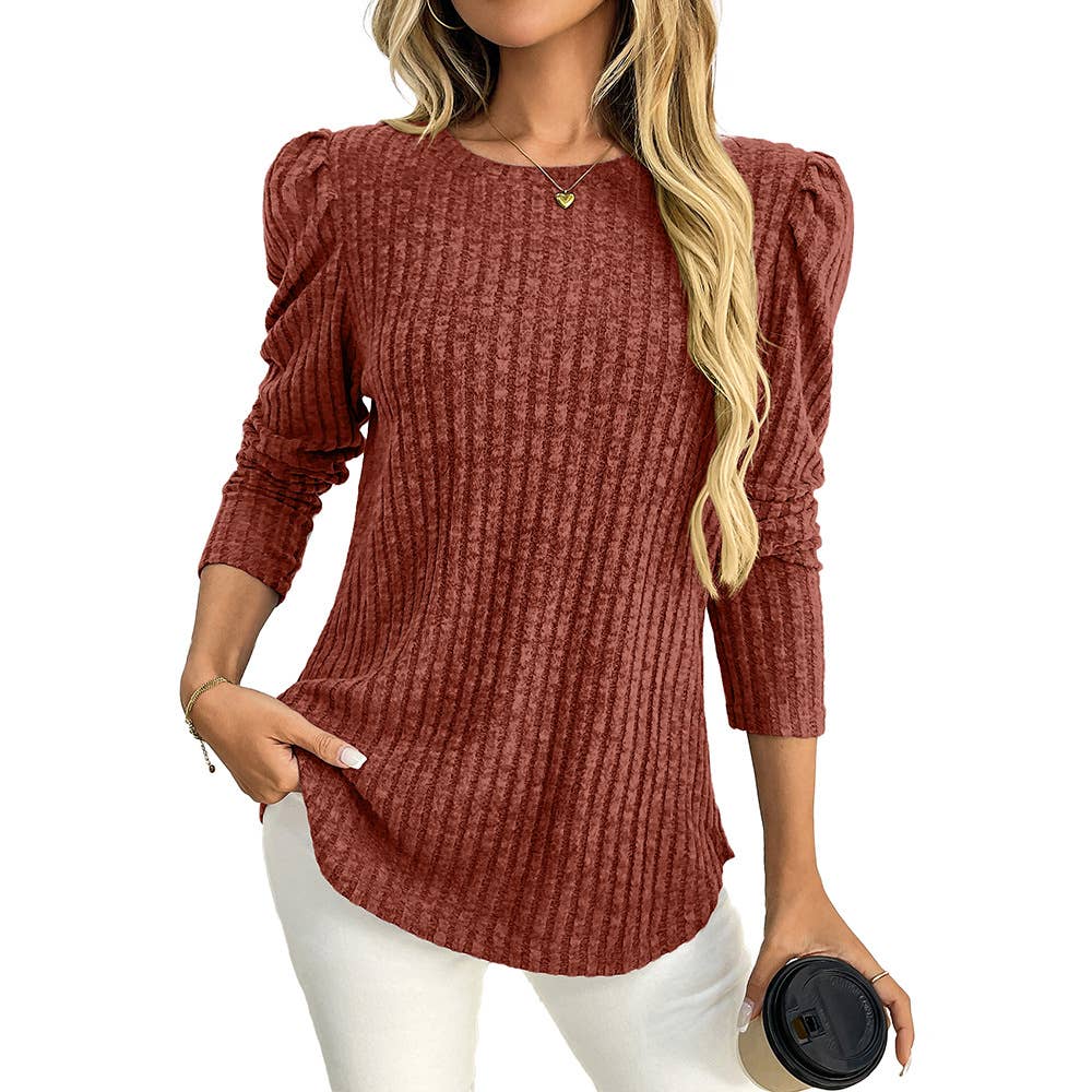 Round-neck puffed-sleeve brushed striped T-shirt