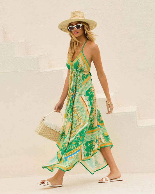Off-the-shoulder V-neck halter print swing dress