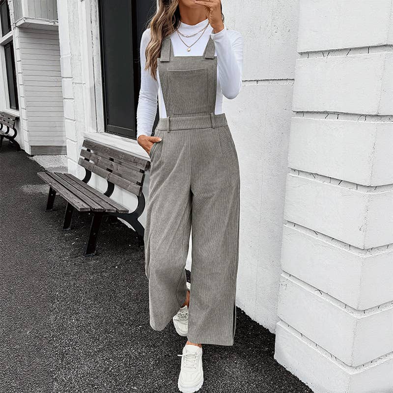 Solid-color basic corduroy adjustable overalls