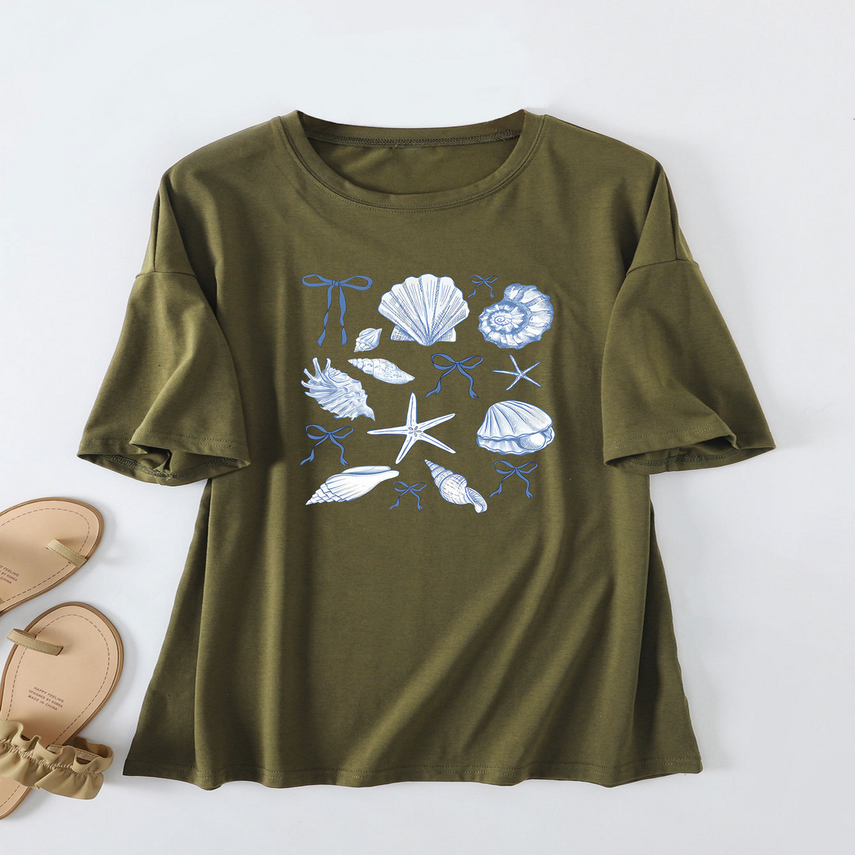 Cute Bow Print T-Shirt for Women, Shell Neckline