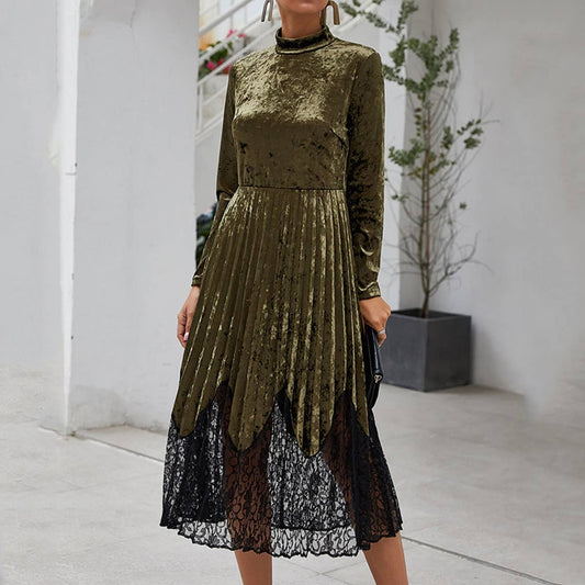 PLEATED LACE PATCHWORK CANARY LONG-SLEEVED DRESS